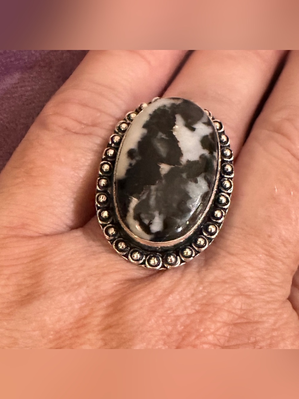 Silver 925 Black and White Buffalo Turquoise Stone Statement Ring Size 9
